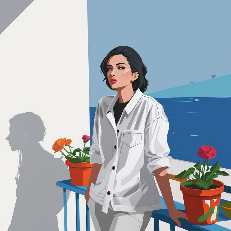 The terrace redrawn flat and graphic: a figure in a white coat between two pots of geraniums, sea beyond