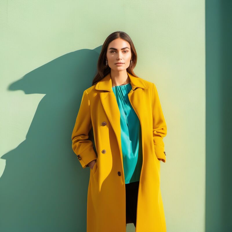 A woman in a yellow coat and teal top against a pale green wall, hard shadow beside her