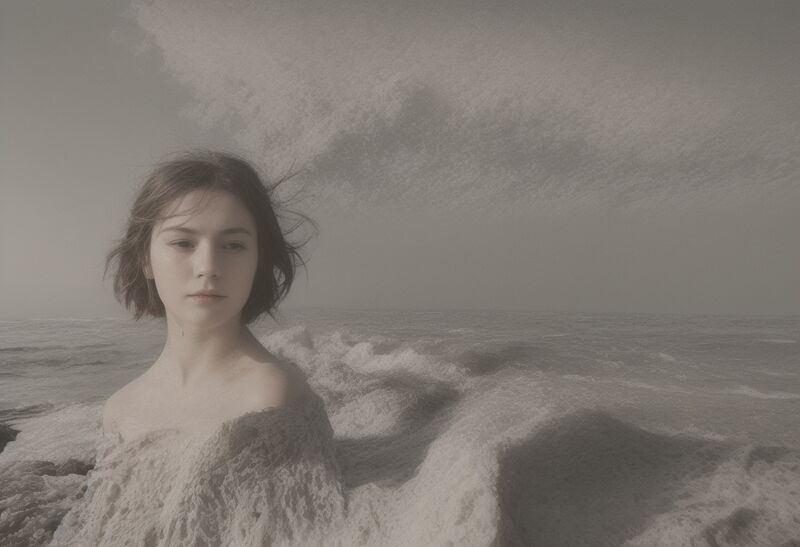 A pale, grainy monochrome picture of a woman half dissolved into breaking surf