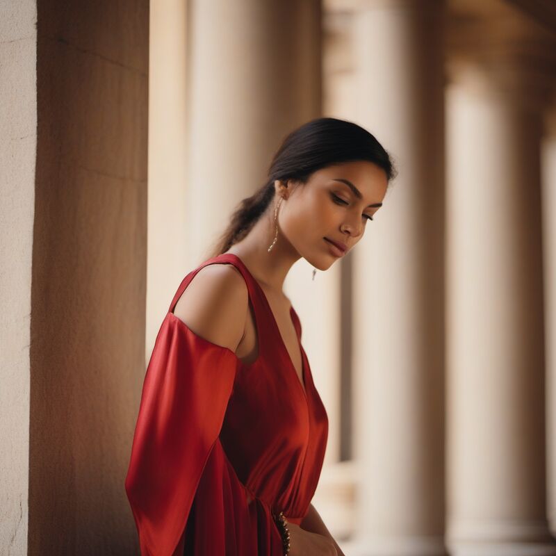 A woman in a deep red dress leaning against a column, warm daylight raking down a colonnade