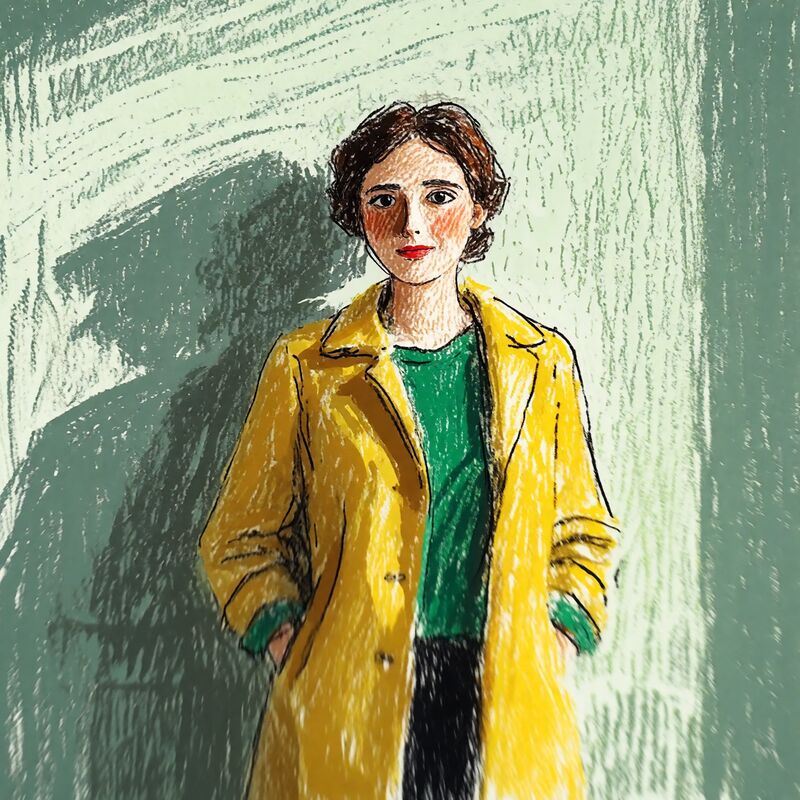 A crayon drawing of a woman in a yellow coat against a scribbled green wall