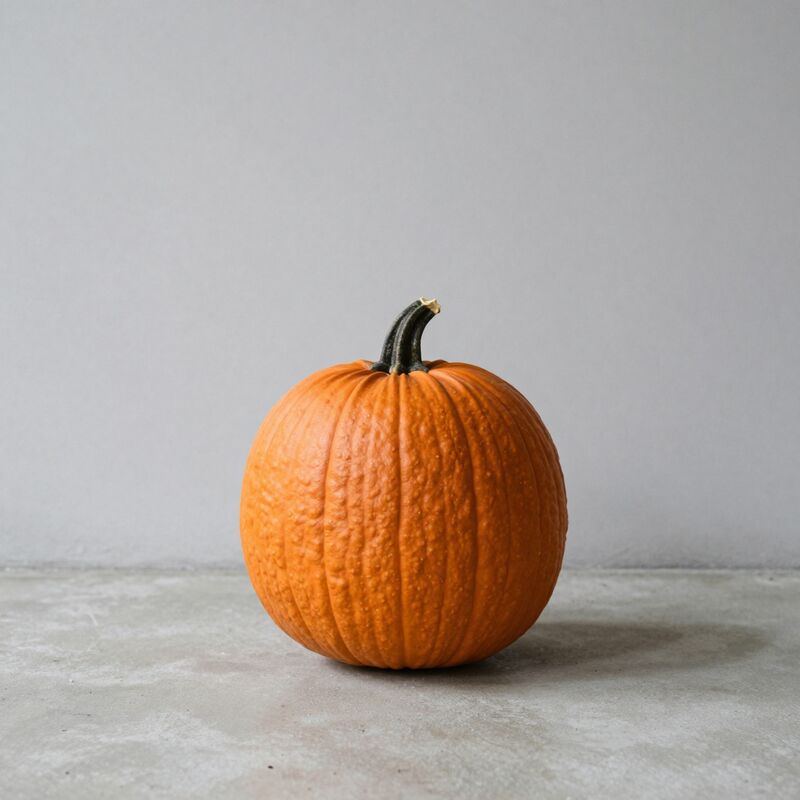 A single orange pumpkin standing alone on a pale grey concrete floor against a plain grey wall