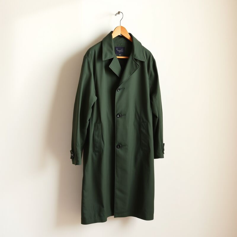 A dark green coat on a wooden hanger against a cream wall