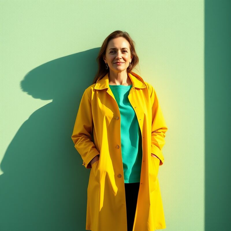 A woman in a yellow raincoat over a green top, against a pale green wall in hard afternoon sun
