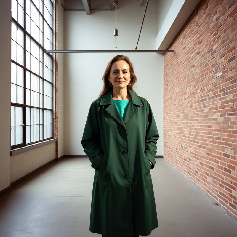 The same woman, now wearing the green coat, standing in that loft with the same face and the same expression