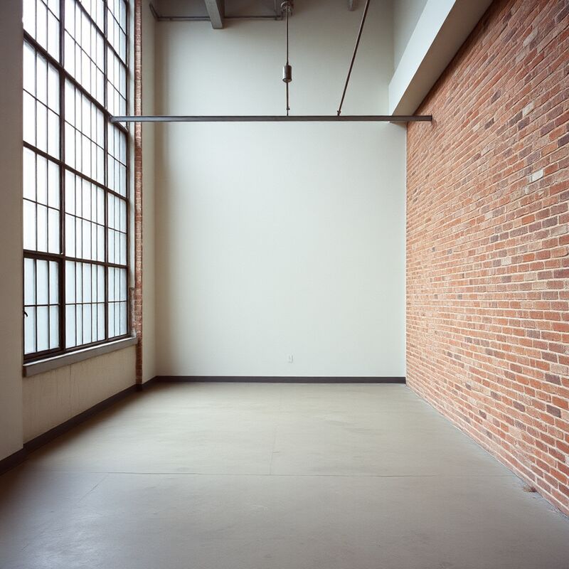 An empty loft with tall factory windows, a white wall and bare brick