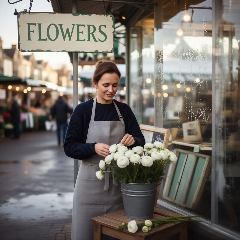 A florist arranging white roses in a zinc bucket under a hand-painted FLOWERS sign
