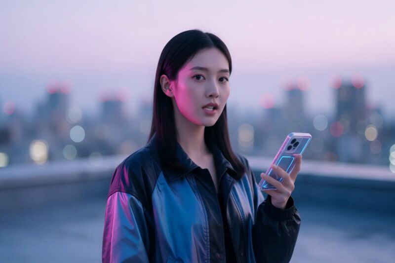 A young woman on a rooftop at dusk sings into the evening, a glowing phone in her hand, the city lights blurred behind her
