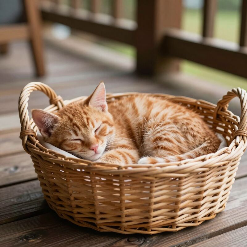 A ginger kitten curled asleep in a wicker basket on a wooden porch, the garden blurred beyond the rail
