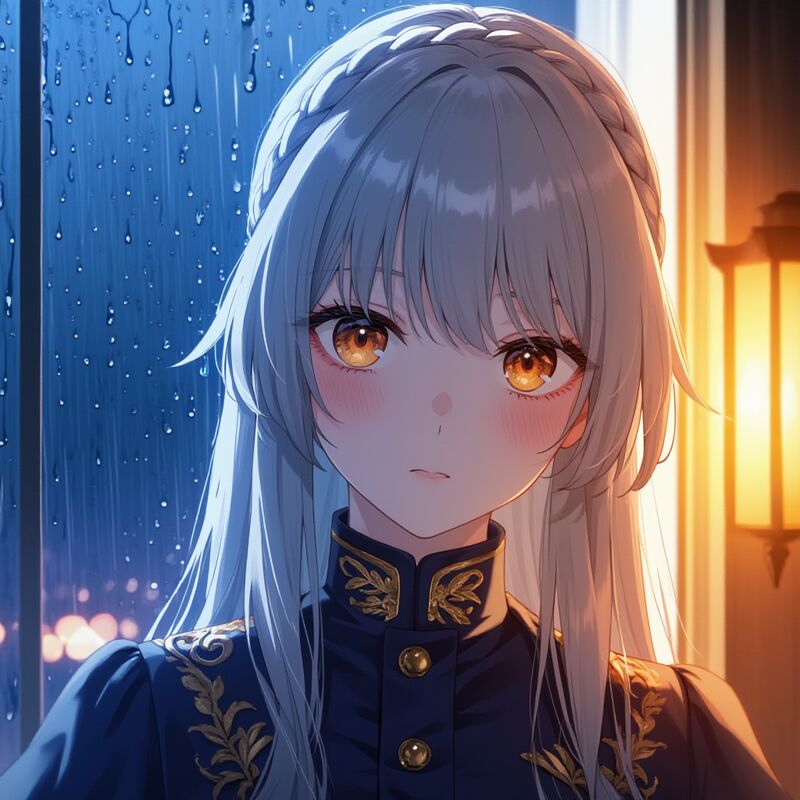 An illustrated figure with long pale hair in a braided uniform, behind rain-beaded glass lit by lanterns