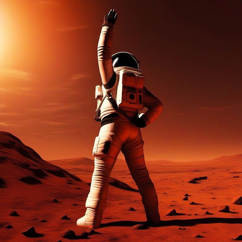 An astronaut standing on red rock with one arm raised against a burning orange sky
