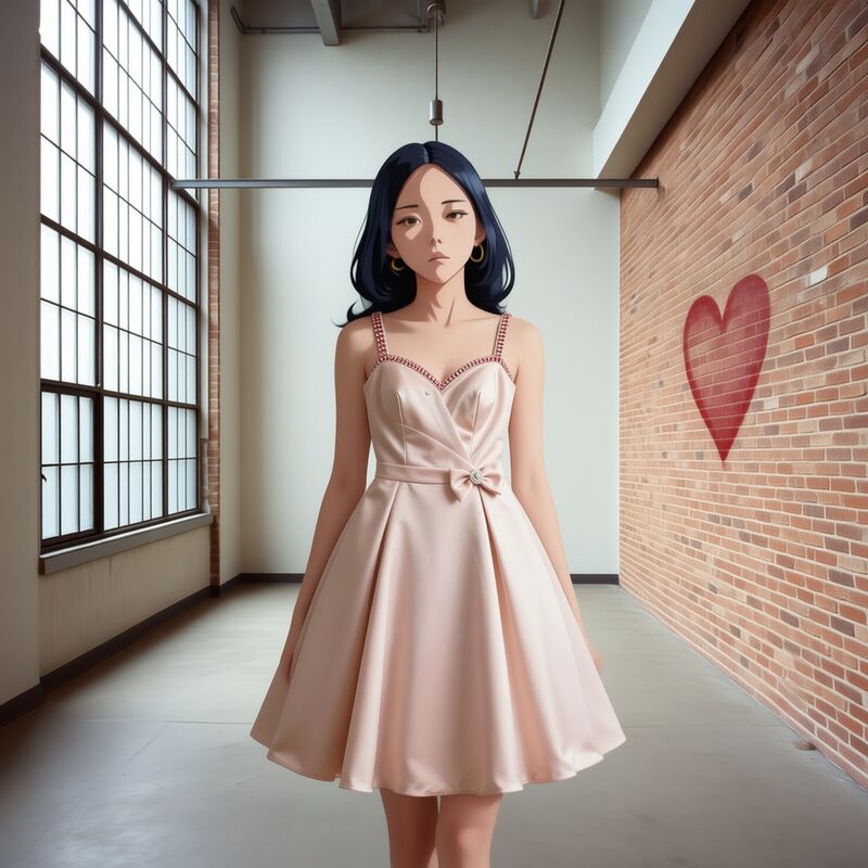 An illustrated figure in a blush satin dress standing in a bright brick-walled loft