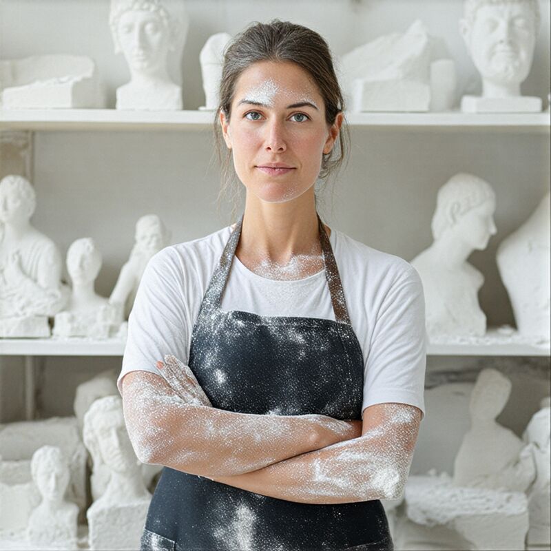 A sculptor in a dusty apron standing arms folded in front of shelves of white plaster heads