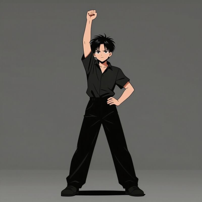 The same stance drawn as a manga boy in a black shirt and wide black trousers, on flat grey