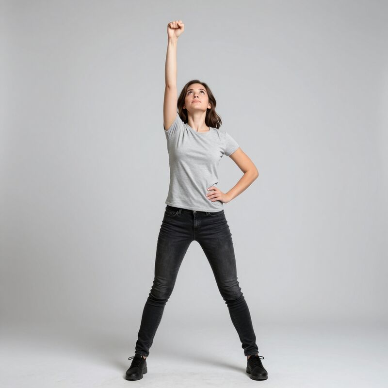 A photograph of a woman in a grey t-shirt and black jeans, one fist raised straight above her head, the other hand on her hip, feet planted apart on plain grey