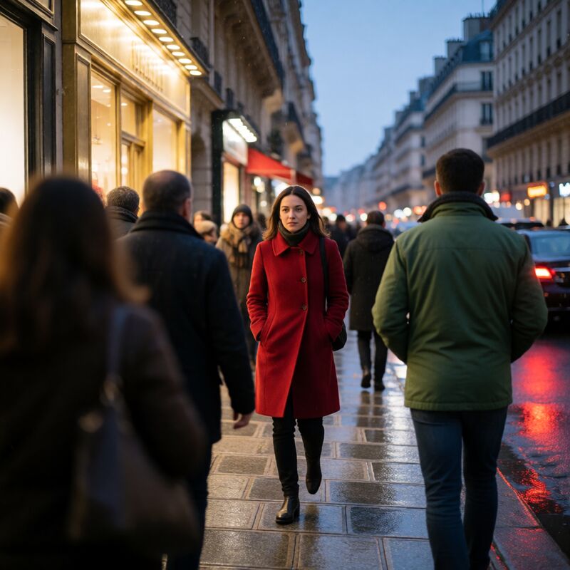 A wet city street at dusk, a woman in a red coat walking through a crowd, shopfronts smeared into bokeh