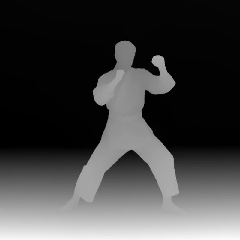 The same frame as a depth map: the figure in white against black, near surfaces bright and far ones dark