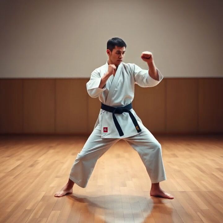 A frame from the clip: a karateka in a white gi holding a forward stance on a wooden floor