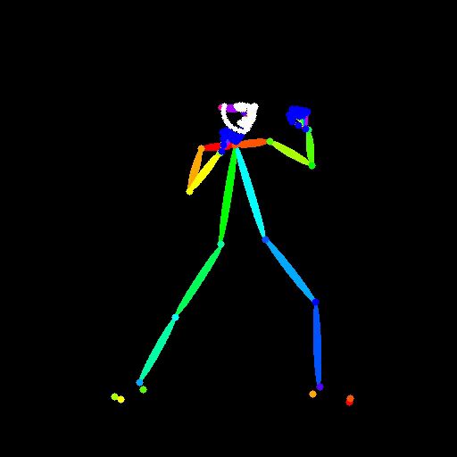 The same frame as a coloured stick figure: limbs as bright bones, the face a constellation of dots