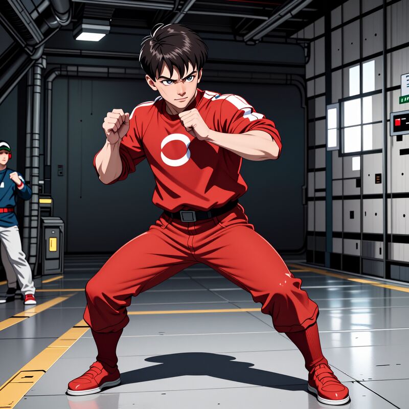 An illustrated fighter in a red tracksuit standing in a concrete workshop, drawn in a 90s anime style
