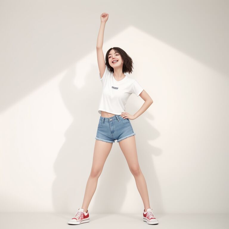 A laughing woman in a white t-shirt and denim shorts holding the same stance, one fist raised, in bright daylight against a plain wall