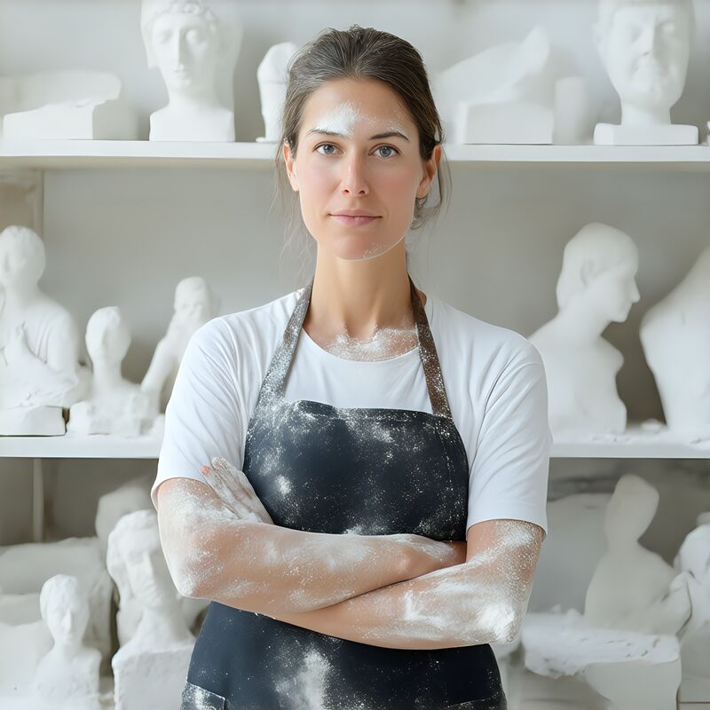 The same sculptor enlarged four times: the weave of the apron and the dust on her arms held, nothing added that was not there