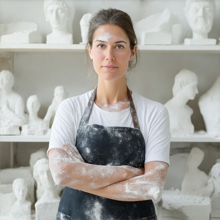 A sculptor in a dusty apron, arms folded, in front of shelves of white plaster heads