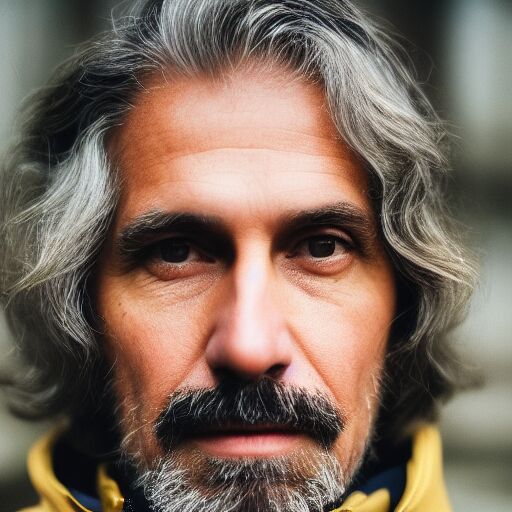 Close portrait of a grey-haired, grey-bearded man in a yellow collar, lit hard from one side