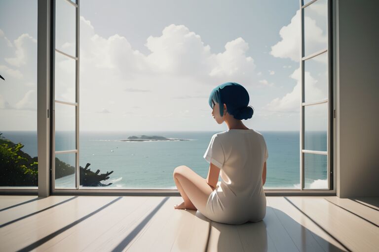 An illustration of someone sitting on a bare floor before an open window, looking out at an island and clouds